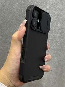 防震装甲硬质磨砂手机壳带尼龙挂绳适用于 16 15 14 Plus 13 12 Pro Max 11 16E 豪华全保护手机壳保险杠带滑动相机镜头盖 - 黑色 - 查看 7