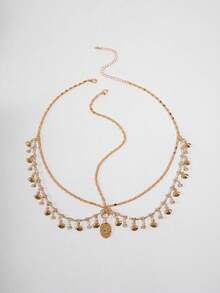 1pc Fashionable & Minimalist Iron Chain Tasseled Diamond Geometric Round Base Chain Necklace For Women, Party Gift (Hand-Made Chain, Cut To Size, Random Number Of Rhinestones) - 28467 Gold - View 2