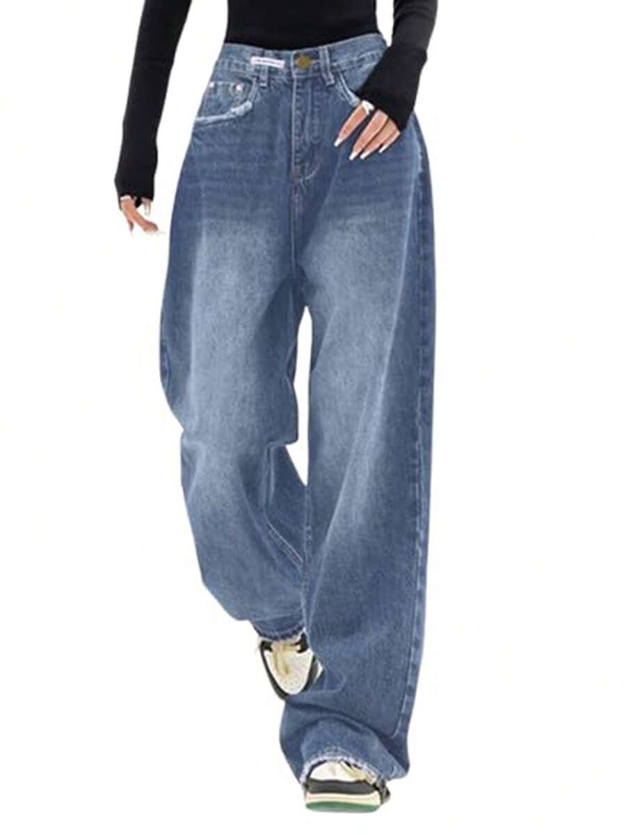 Women's Y2k Baggy Jeans High Waist Wide Leg Jeans Casual Loose Boyfriends Trousers Vintage Grunge Streetwear, Fall And Winter Denim Pant For Women - Màu xanh lam - Xem 1
