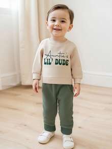 Toddler Baby Boy Clothes Auntie's Lil' Dude Print Long Sleeve Sweatshirt Pullover Top Solid Pants Set Fall Winter Outfit 2Pcs - 卡其色 - 查看 4