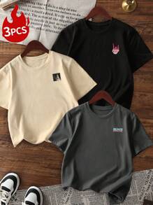 3 peças/Conjunto Camiseta de Manga Curta com Gola Redonda para Meninas Pré-Adolescentes, Estampa Floral e Rosto, Roupas de Verão para Estudantes e Crianças Jovens - Camisetas da Moda que Trazem Alegria e Felicidade para Cada Criança!