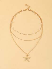 复古优雅百搭锌合金链条仿珍珠海星吊坠项链，适合夏季日常佩戴 - 金色 - 查看 2