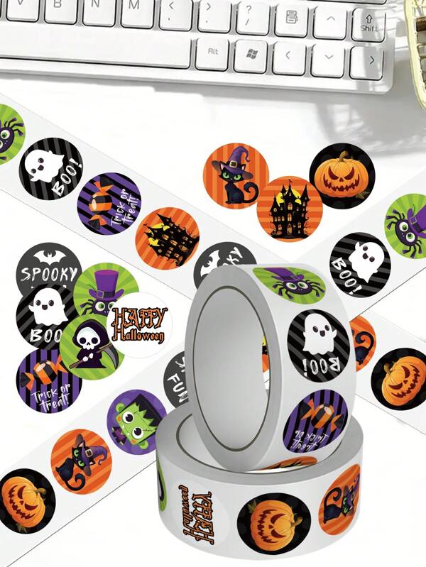1 Roll/500pcs Halloween Roll Stickers Handbook Laptop Phone Case Luggage Decoration Stickers