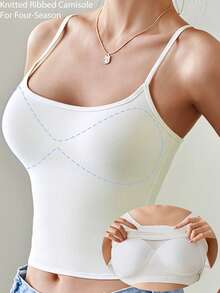 罗纹针织吊带背心，加厚基本款休闲吊带背心，女式性感露背双上衣，弹力细肩带短款吊带，带衬垫胸罩，女式白色短款吊带背心，汗衫，无袖上衣，女式背心短款上衣，夏季度假装，健身装 - 白色 - 查看 4