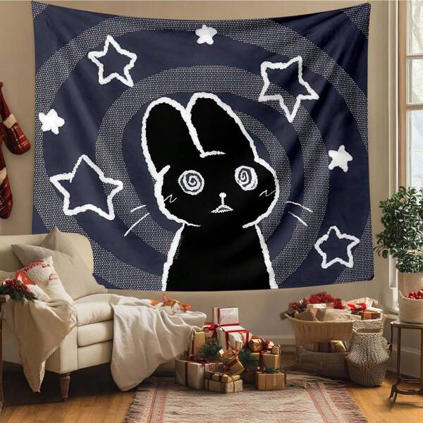 1pc Polyester Rabbit Wall Tapestry With Black And White Design Cute Animal Cartoon Style Starry Pattern Whimsical Room Decor For Bedroom Living Space Art Mural Large Hanging Cloth Textile Home Accent Gift Ideas Tapestry