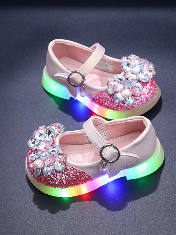 MGO Kidss Zapatos de princesa con luz LED para niñas MGO, zapatos planos de muñeca Mary Jane con diamantes de imitación y lazo colorido, zapatos de cristal, zapatos para actuaciones, adecuados para primavera, otoño y todas las estaciones