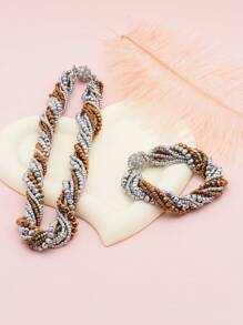 Esbbela 2pcs Luxurious Multi-Layer Acrylic Crystal Necklace And Bracelet Set For Women, Reversible, Black, Red, Champagne, Green, Dark Brown, Blue, Purple, Suitable For Daily Wear, Parties, Engagement, Wedding, Holidays, Birthday Gifts