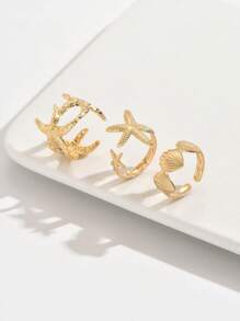 Set de 3 piezas de anillos con estilo europeo y americano de conchas marinas con aberturas ajustables en forma de estrella de mar, adecuados para vacaciones al aire libre de mujeres y uso en moda de nicho