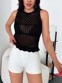 Plain Casual Sheer Women Sleeveless Round Neck Knit Sweater - Black - View 2