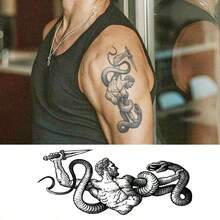 JKCODE TATTOO Herbal Temporary Tattoo Snake Warrior Sword Tough Guy Design,Large Size For Hands & Feet, Waterproof 15 Days - Navy Blue - View 6