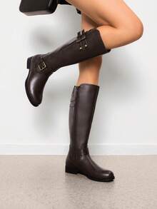 Women's Knee-High Boots, Comfortable Chunky Block Heel Pointed Toe Pull On Side Zipper Suede Slouch Riding Boots - Brown - View 4