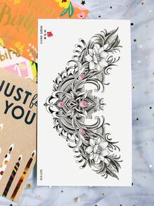 1 张大尺寸胸部和腰部人体艺术临时纹身贴纸，男女皆宜，老式复古风格粉色宝石花朵珠宝图案，防水假纹身，持续 2-5 天，遮盖疤痕，可用于手臂手腕肩腿腰颈手胸部大腿手指脚踝，适用于派对、礼物、度假、身体装饰 - 黑色 - 查看 6
