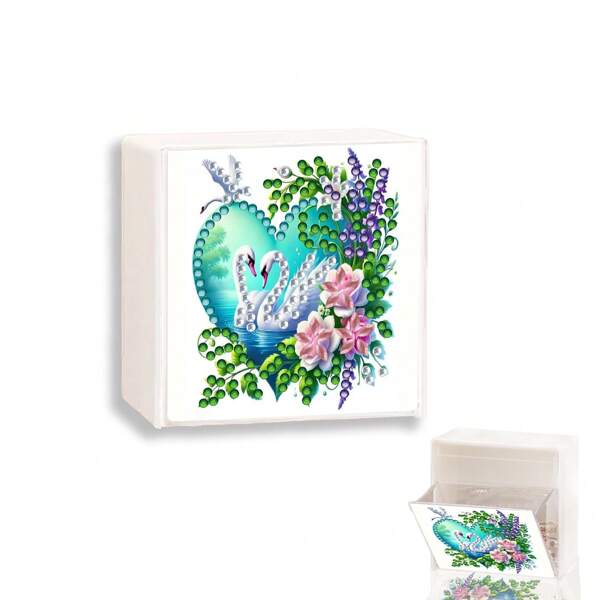 1pc DIY Diamond Art Painting Wall Hanging Storage Box, Unique Couple Swan Heart Pattern Design, Special Shape Crystal Rhinestone Art Mosaic Makeup Cotton Pad Storage Box, Wall Mounted Drawer Qtip Lipstick Hair Tie Organizer For Bathroom, RV And Camper Interior, Bathroom Organizer And Storage, Home Decor Gift