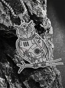1pc Fashion Stainless Steel Flat Mechanical Doll, Owl Animal Pendant Necklace, Unisex Jewelry Casual Gift