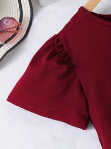 Girls Crew Neck Short Sleeve Solid Color Casual Ruffle Hem Versatile Dress, Tween Girl/Toddler - Red - View 5