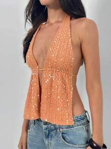 Women Sequin Halter Tops Glitter Deep V Neck Low Cut Backless Tank Top Sparkle Going Out Party Tops - Orange - View 6