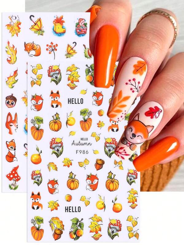 3D Cartoon Squirrel Leaves Fall Nail Stickers 2pcs Cute Golden Yellow Maple Leaf Pumpkin Squirrel Nut Mushroom Rain Boots Animal Design DIY Kawaii Autumn Winter Y2K Self-Adhesive Gel Polish Decals Sliders Nail Art Decoration Nail Supplies