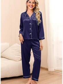 4Pcs Womens Silk Pajama Sets Satin Pajamas Set Sexy Cami Lingerie Pjs Nightwear Silky Pj Loungewear Sleepwearhalloween - 海軍 - 查看 6