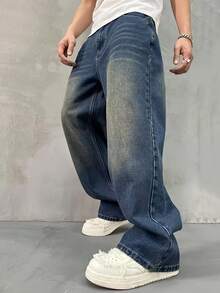Jeans azules casuales de corte holgado y estilo retro para hombre - Azul lavado oscuro - Ver 4