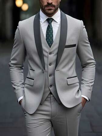 Men's High-Quality Business Suit For Spring, Men's Solid Color Groom Wedding Formal Wear, Men's Slim Fit Luxury Tuxedo, Men's Suit Jacket Vest Pants