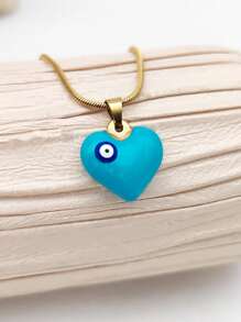 1pc Fashion Versatile Titanium Steel Heart & Evil Eye Pendant Necklace, Unique Personalized Choker Necklace