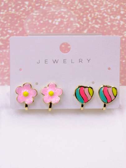 2 Pairs Premium Drip Oil Pink Flower & Colorful Heart Clip-On Earrings