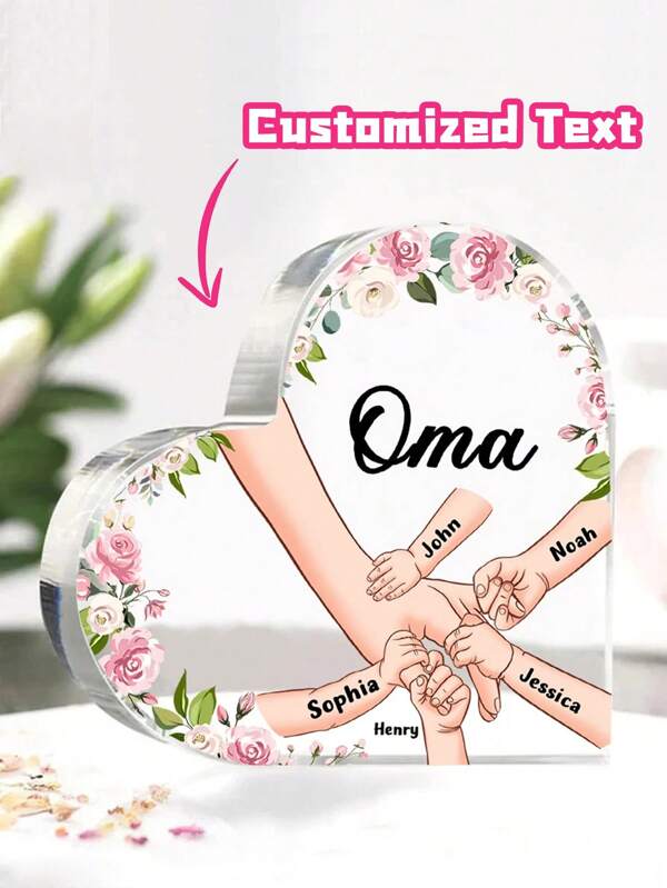 1Pc Personalized Customized Text Acrylic Plaque With Names Gift Grandma Holding Hand With Grandkids Personalized Heart Shaped Acrylic Plaque Birthday Grandma Gifts Gifts For Grandma From Granddaughter, Grandson Best Grandma Mother'S Day Gifts Grandmother Gift Ideas A Personalized Desk Ornament For Your Home, Office, School, Or Car.,School Supplies,Back To School