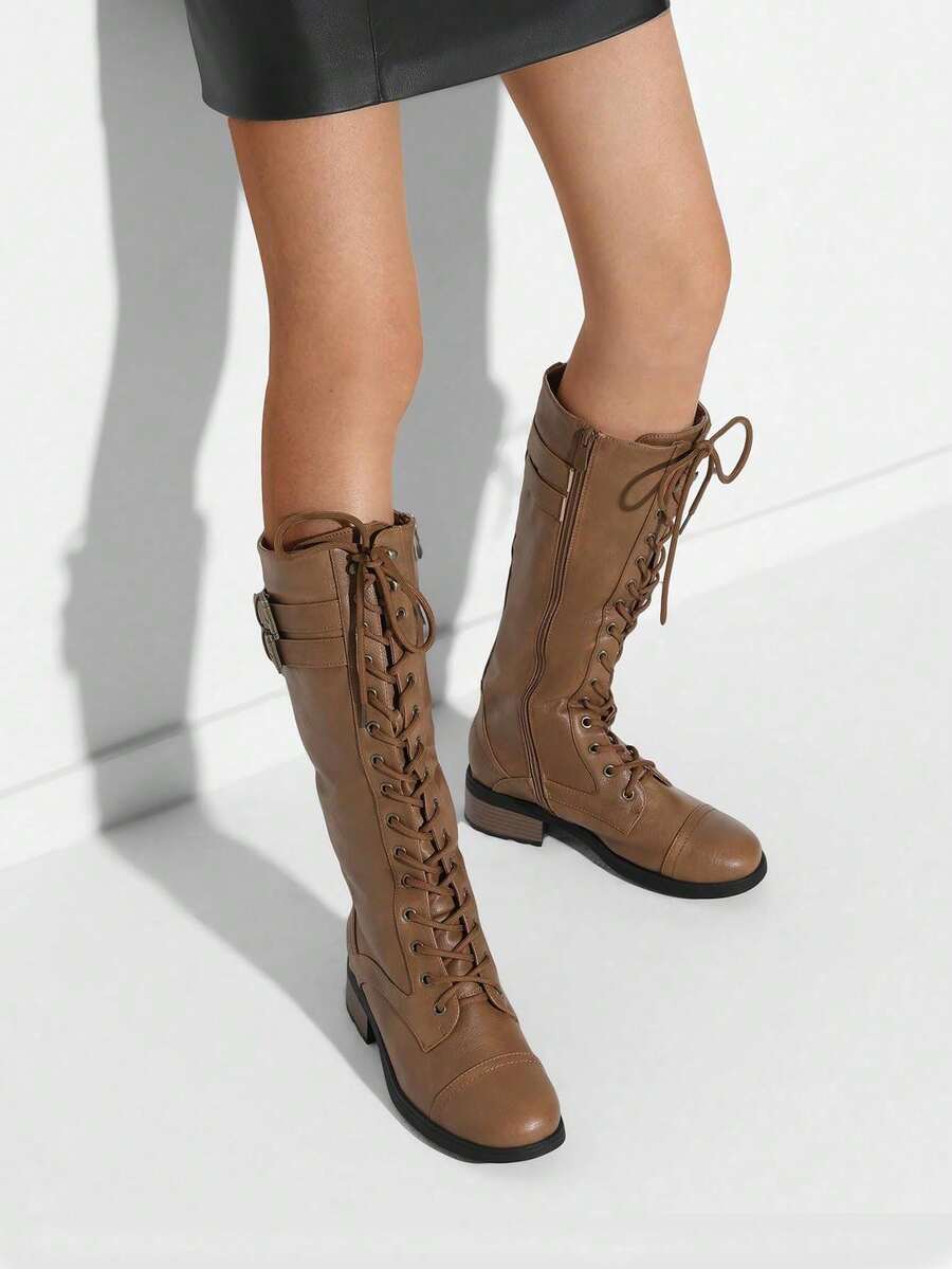 Women's Camel Faux Leather Pu Knee High Riding Combat Boots - 駝色 - 查看 1