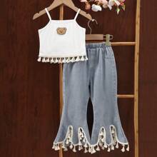 2pcs/Set Girls Cute Bear Embroidery Decor Camisole Top + Fashionable Tassel Flared Leg Pants, Stylish & Versatile Outfit