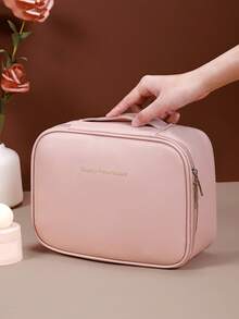 1 peça bolsa de cosméticos multifuncional de PU de grande capacidade com divisória removível para mulheres, bolsa de armazenamento para ferramentas de maquiagem, itens essenciais para viagem, férias de verão, volta às aulas, bolsa de viagem para escola, bolsa de maquiagem para mulheres, bolsa de viagem para maquiagem - Rosa - Ver 5