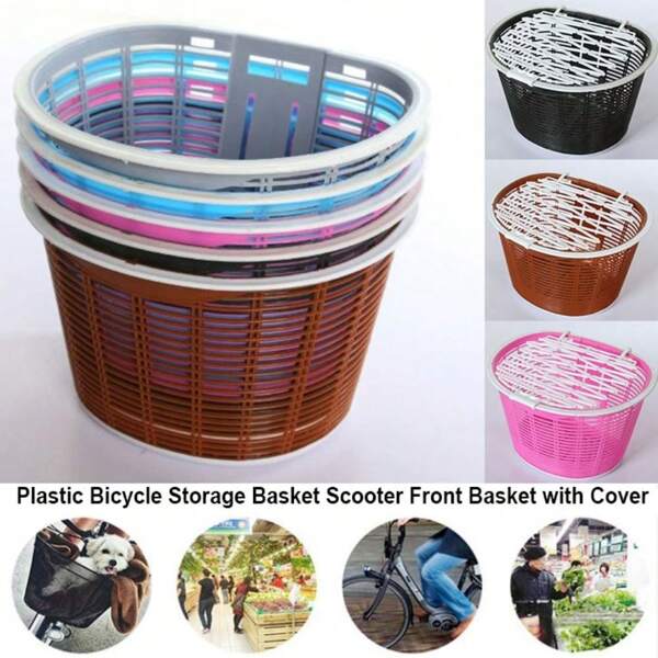 Cesta de almacenamiento de bicicleta de plástico, canasta delantera con tapa para scooter, manillar de estudiante, accesorio de transporte delantero para bicicleta, bolsa portaequipajes trasera para ciclismo