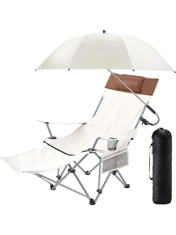 Camping Chair With Umbrella Reclining Chair With Foot Rest Umbrella With Universal Clamp UPF 50+ 360 Degree Adjustable Umbrella Portable Lightweight Foldable Chair For Beach Outdoor (Beige)Desgt
