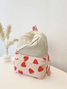 1 Pc New Style Girls' Strawberry Print Fabric Backpack With Adjustable Straps, Zipper Closure, Multifunctional Foldable Design, Perfect For Travel, School, Outdoor Activities, And Holiday Gifts