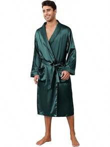 Men's Satin Robe Lightweight,Men's Luxurious Silk Kimono Bathrobe - Dark Green - View 1
