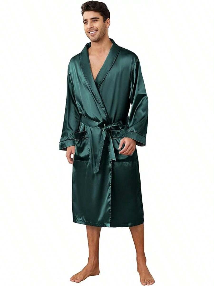 Men's Satin Robe Lightweight,Men's Luxurious Silk Kimono Bathrobe - Dark Green - View 1