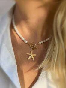 1 pieza Collar con colgante de estrella de mar de acero inoxidable con cierre de T, diseño de perla falsa, adecuado para mujeres en verano y viajes (no incluye caja de joyería) - estrella de mar - Ver 4
