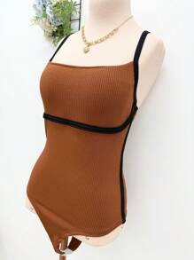 AZALEA Women's Fashion Padded Bodysuit/Ribana - Brown With Black Edges - View 2