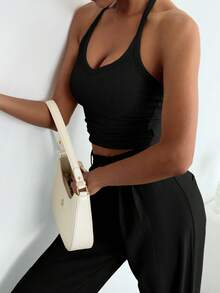 Mystra 休闲性感百搭罗纹挂脖上衣，春夏季 - 黑色 - 查看 4