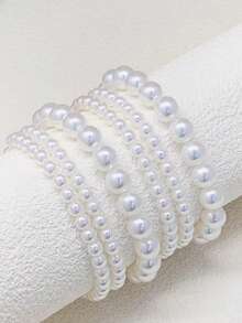 6 件时尚魅力玻璃仿珍珠串珠手链，优雅多层弹性手链，适合女孩 - 白色 - 查看 2