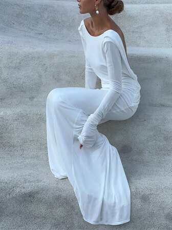 Plain Sexy Backless Ruched Long Sleeve Dress