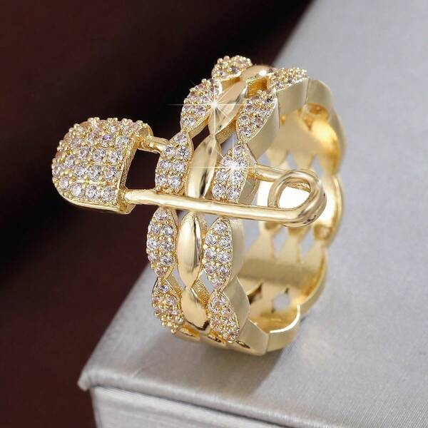 1ชิ้น แหวนผู้หญิงประดับเพชรคิวบิกเซอร์โคเนียดีไซน์ปรับได้สามแถวรูปทรงเรขาคณิต