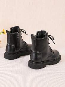 1 Pair Teens/Youth Boots, Solid Color Soft Patent PU Leather, Metal Zipper Inside, Lace-Up Front, Round Toe, Thick Sole, Non-Slip, Comfortable Mid-Calf Ankle Boots, Suitable For Male & Female Students, Casual, Travel, Holiday