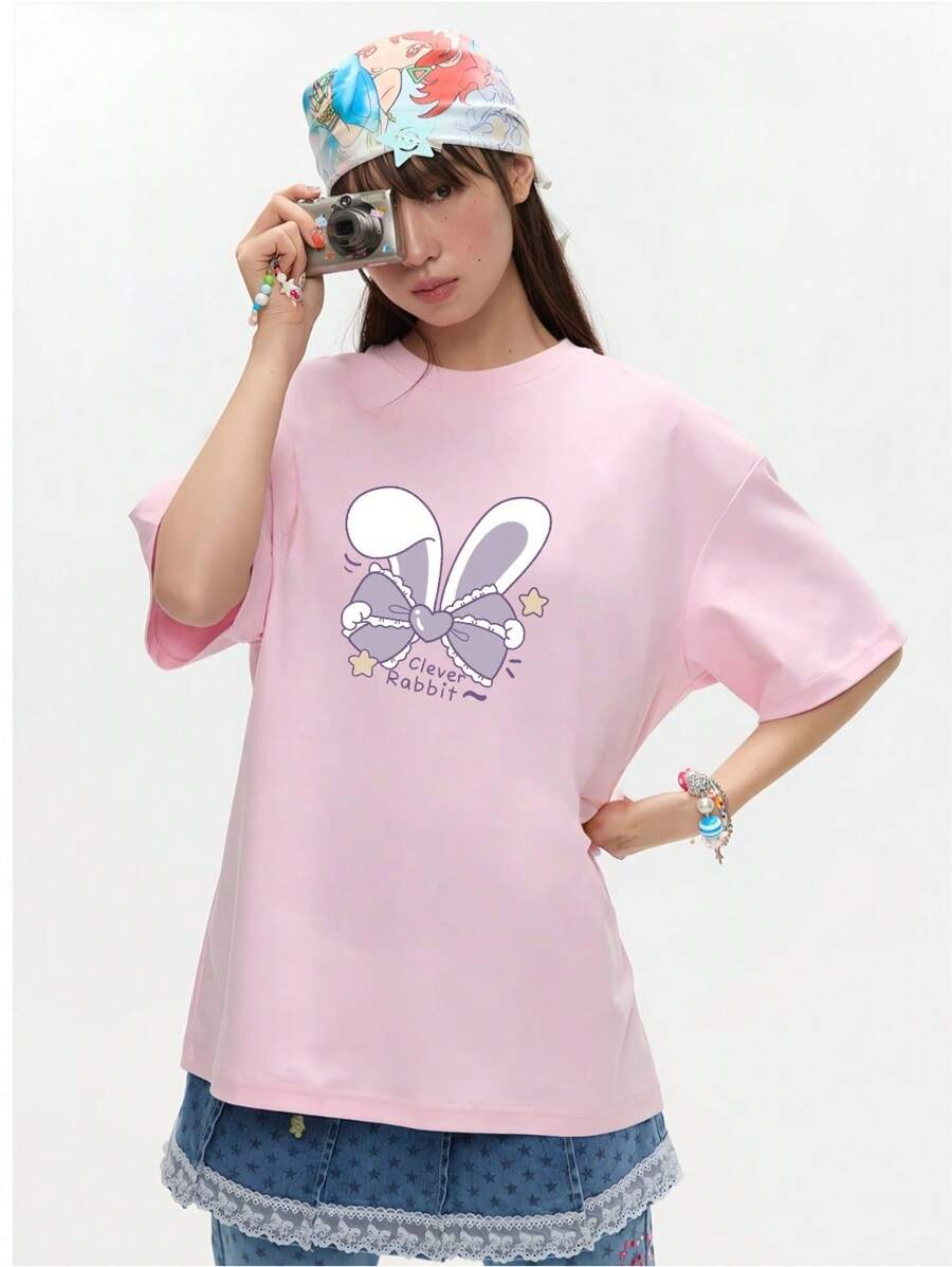100% Cotton Ladies Short Sleeve T-Shirt, Stylish, Loose, Casual Crew Neck Top - 粉色 - 查看 1