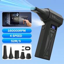 Soplador de aire turbo huracán de 160,000 RPM, soplador eléctrico inalámbrico con presión de viento de 160g, motor sin escobillas de 4 velocidades ajustables, batería recargable de 4000mAh, kit de luz LED y boquillas múltiples para limpieza de computadoras/autos