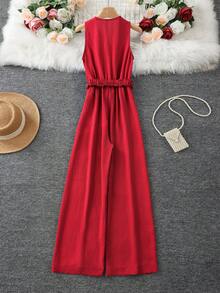 带腰带和口袋的梭织面料女式连体裤，适合节日、日常、生日派对、返校派对、单身派对、旅行、夏季 - 紅色 - 查看 6