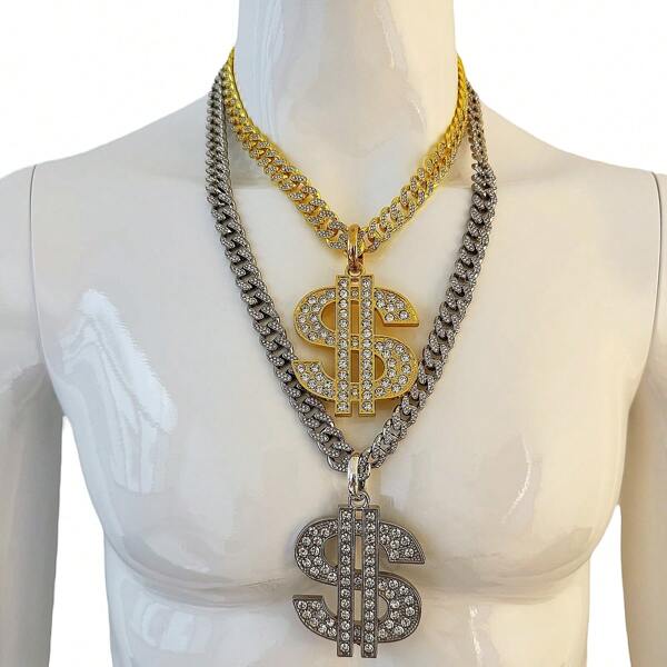 1 Pc Gold-Tone Metal Pendant Necklace With Rhinestone Encrusted Dollar Sign, Thick Bling Chain, Punk/Hip-Hop Style Men's Jewelry