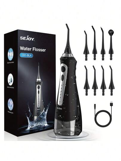 sejoy Portable Rechargeable USB Charging Electric Water Flosser Oral Irrigator Oral Irrigator Cordless Teeth Cleaner, 5 Cleaning Modes&8 Replaceable Jet Tips&360° Rotation , IPX7 Waterproof, 230ml Detachable Water Tank, For Home And Travel