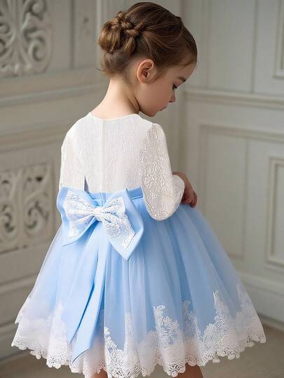 Young Girls Lace Long Sleeve Bow Tulle Elegant Flower Girl Princess Dress, Suitable For School, Piano Recital, Formal Occasions, Does Not Include Headband