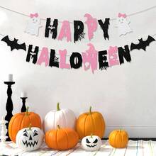 1 Set Ghost Themed Halloween Birthday Banner Decoration Pink Birthday Party Supplies For Halloween Celebrations And Festive Atmosphere Enhancement,Classic Halloween Element Designs Such As Bowtie Ghost, Bat, Spider Web, Etc - Multicolor - View 6