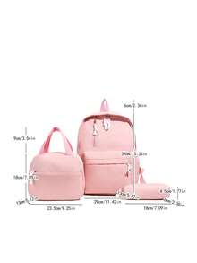 3pcs/Set Fashionable School Style Solid Color Backpack Set, Includes Backpack, Lunch Bag And Pencil Case, With Laptop Compartment, Adjustable Shoulder Straps, Multi-Pockets Large Capacity, Multi-Functional Backpack Set, Suitable For Girls/Teens/College Students/Graduates For Daily Use/Vacation/Travel/Back To School - Pink - View 3